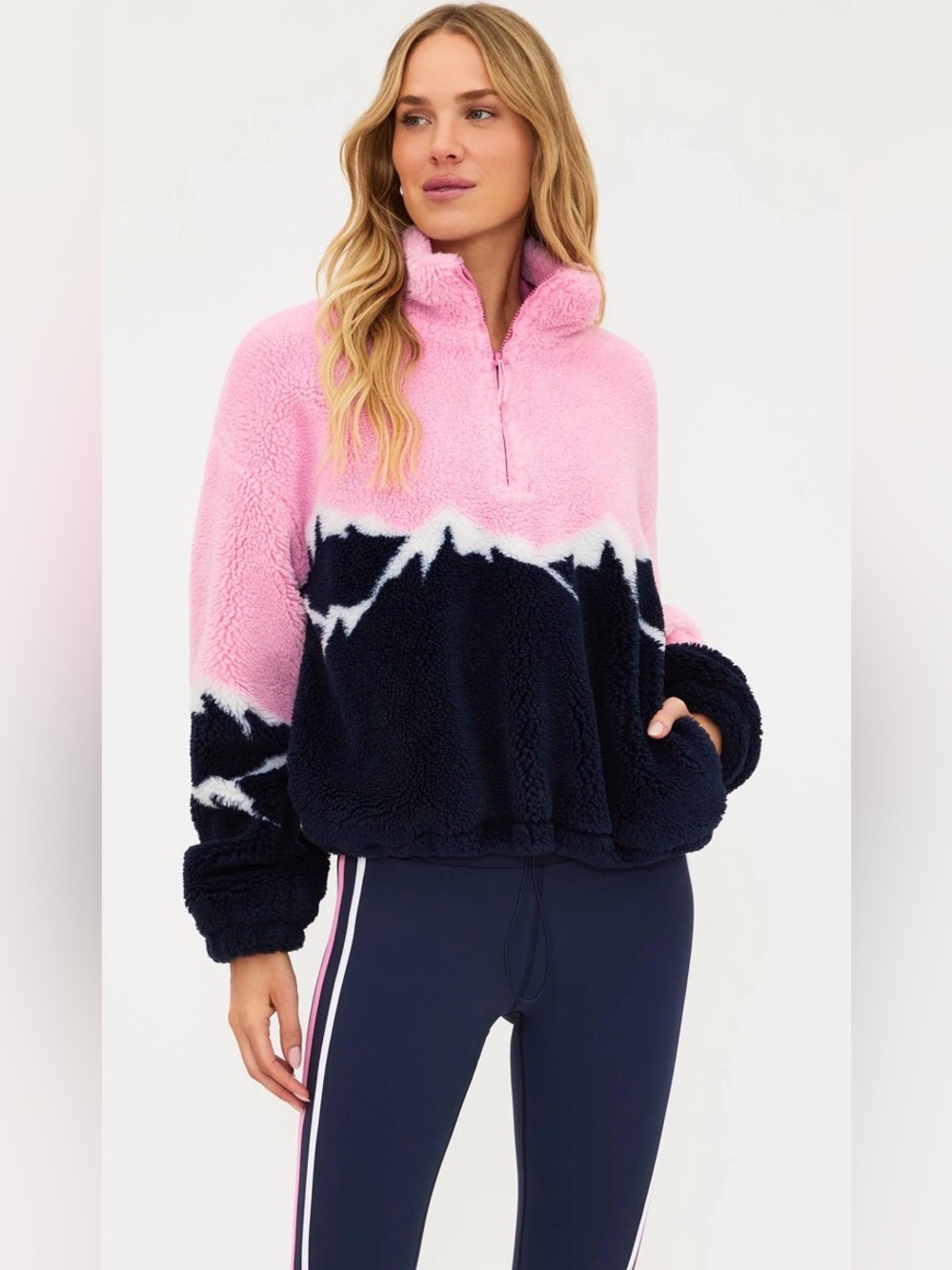Beach Riot Women's Leona Sherpa Snowy Peaks Pullover - Pink/Navy - XS - NWT